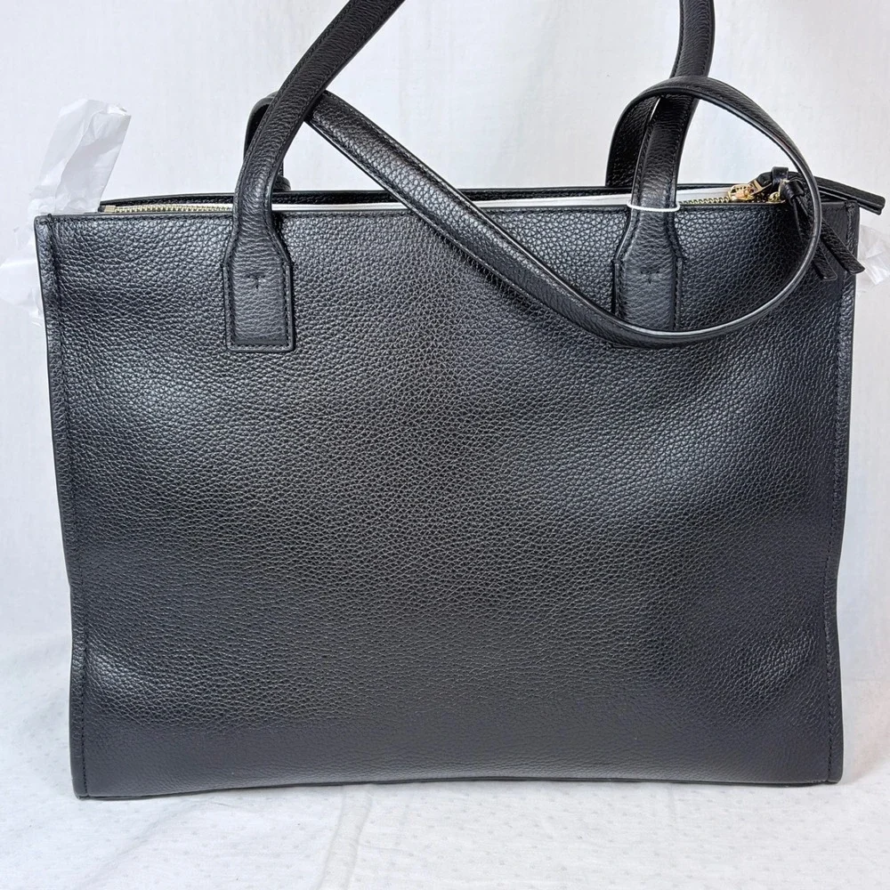 Tory Burch Thea Leather Tote Black Pebbled Leather 3 Compartment Bag Auth. NEW